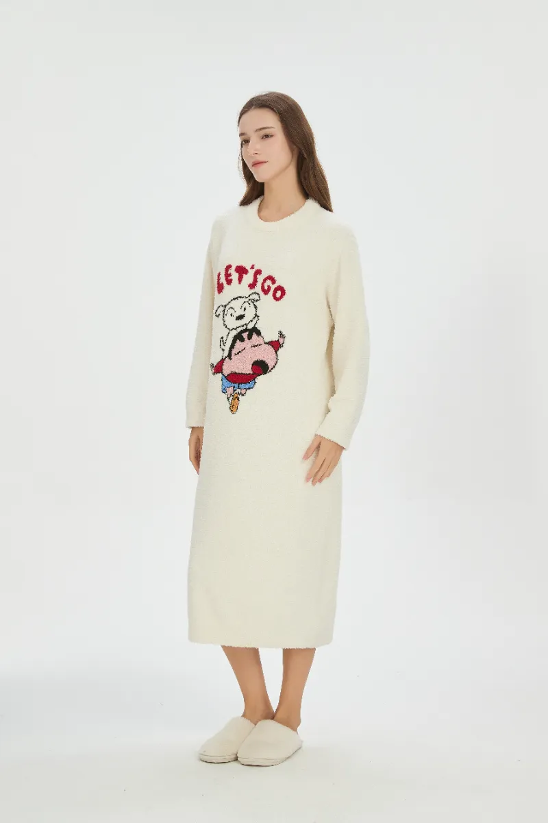 Beige-Colored Flannel Nightdress for Women